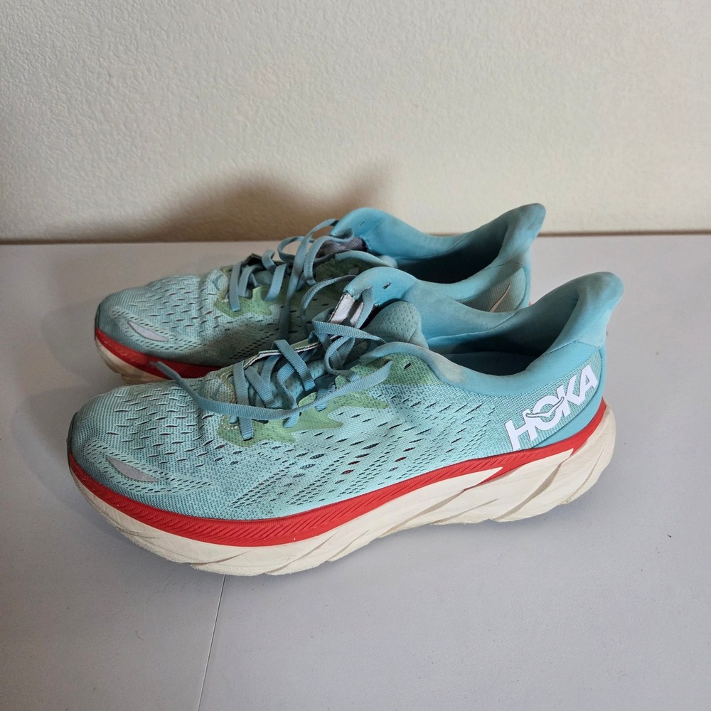 Hoka Clifton 8 Women's Running Shoes Sky Blue Red‎ Size 10.5